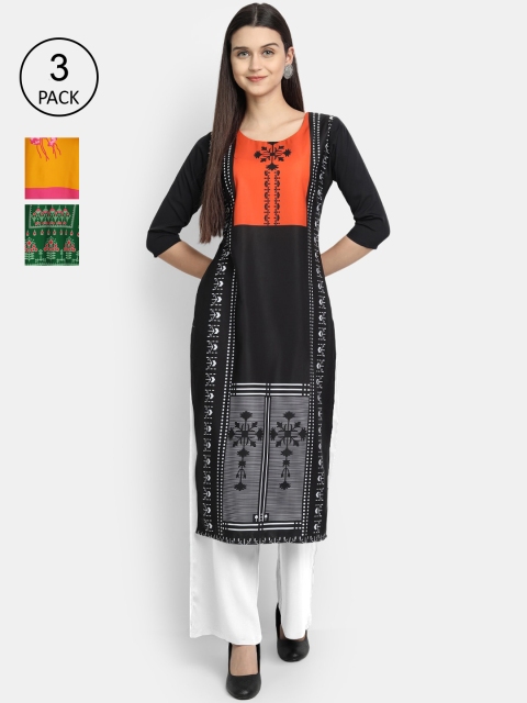 

1 Stop Fashion Pack of 3 Women Printed Crepe Kurta, Multi