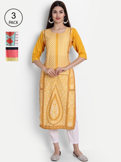 

1 Stop Fashion Women Pack Of 3 Digital Printed Crepe Kurta, Yellow