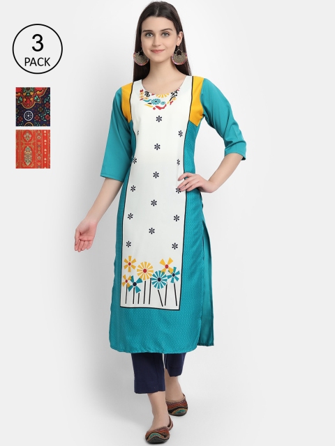 

1 Stop Fashion Women Pack Of 3 Turquoise Blue Orange & Green Floral Printed Crepe Kurta