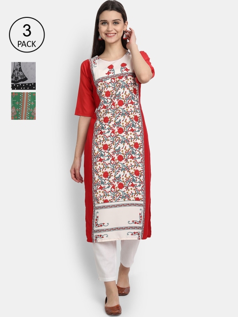 

1 Stop Fashion Women Pack of 3 Multicoloured Printed Crepe Straight Kurta, Multi