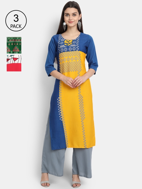 

1 Stop Fashion Women Pack Of 3 Geometric Printed Kurta, Yellow