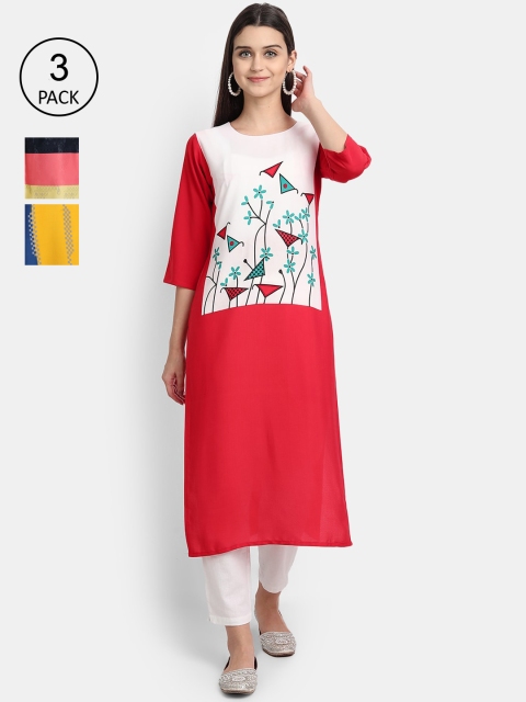

1 Stop Fashion Pack of 3 Women Printed Crepe Kurta, Multi