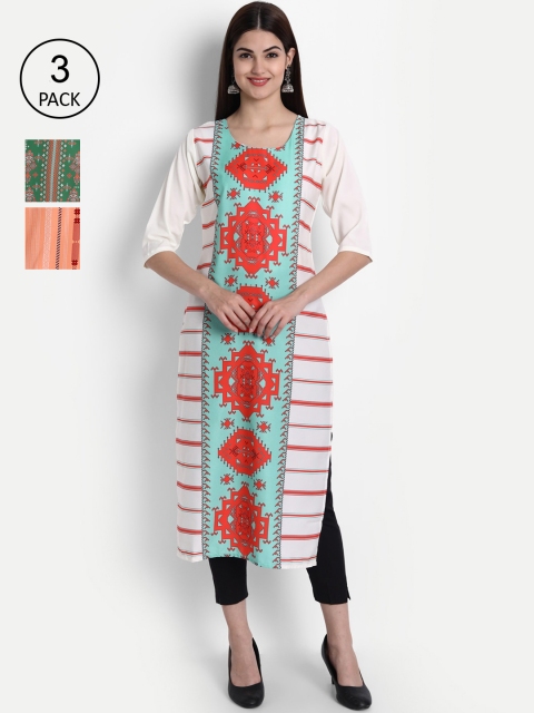 

1 Stop Fashion Women Pack Of 3 Multicoloured Geometric Printed Crepe Kurtas, Multi