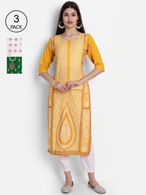

1 Stop Fashion Women Pack Of 3 Digital Printed Crepe Kurta, Yellow