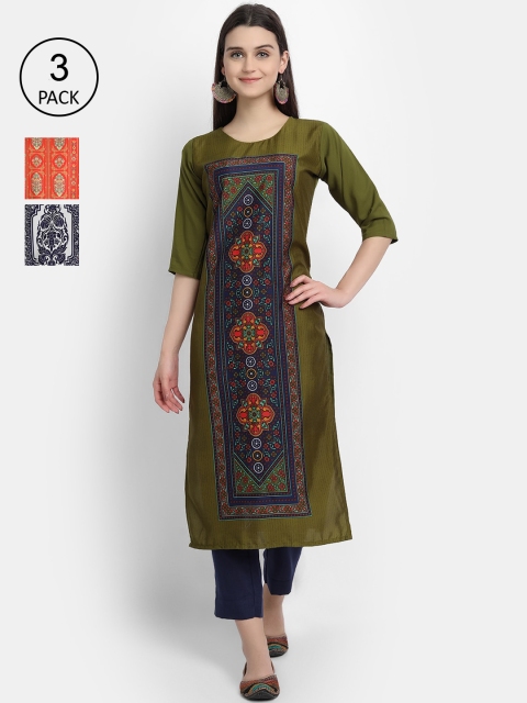 

1 Stop Fashion Women Pack of 3 Digital Printed Straight Kurtas, Olive