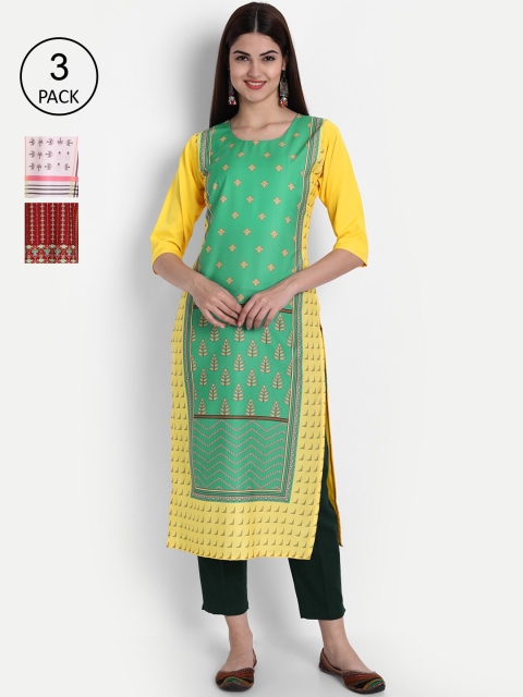 

1 Stop Fashion Women Pack of 3 Multicoloured Printed Crepe Straight Kurta, Multi
