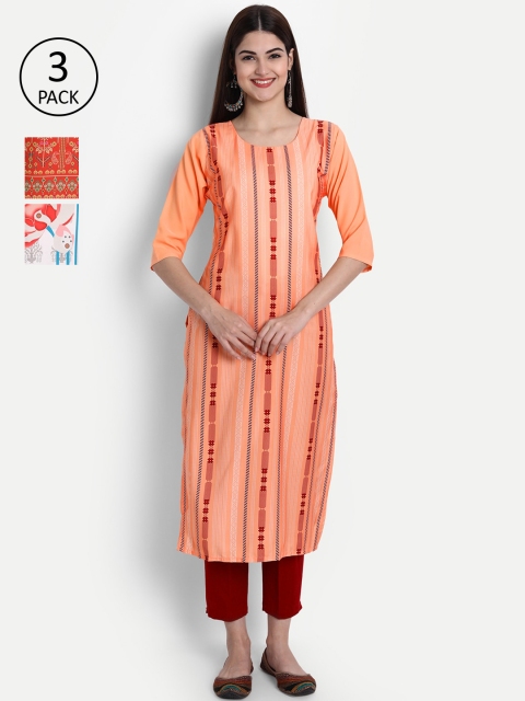 

1 Stop Fashion Woman Pack of 3 Multicoloured Striped Crepe Kurta, Multi