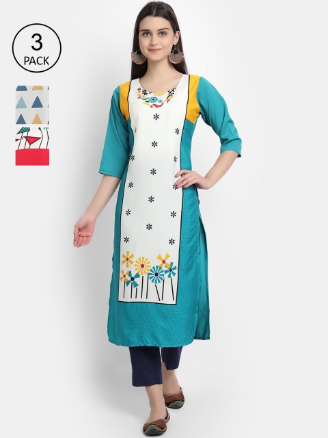 

1 Stop Fashion Women Red & Blue Geometric Printed Crepe Kurta Set Of 3