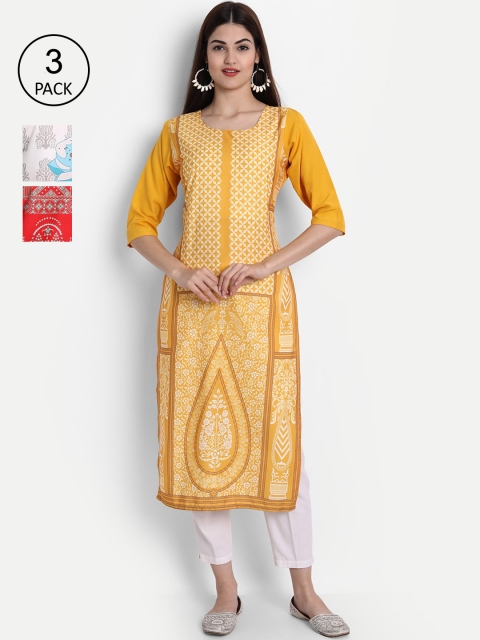 

1 Stop Fashion Women Pack Of 3 Ethnic Motifs Printed Kurta, Yellow