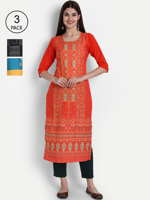 

1 Stop Fashion Women Pack Of 3 Printed Crepe Kurta, Orange