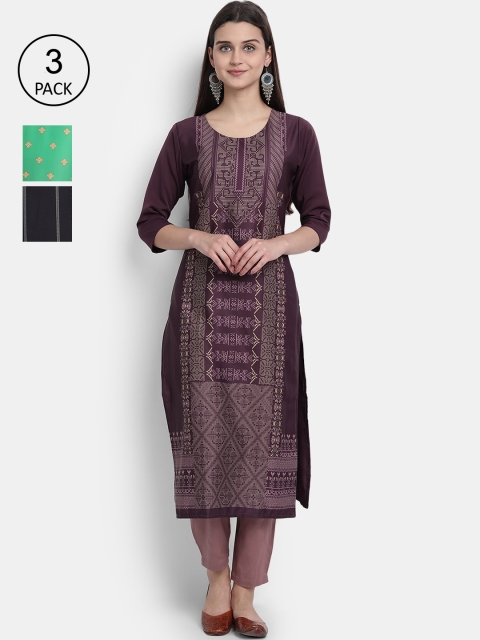 

1 Stop Fashion Women Pack of 3 Printed Crepe Kurtas, Purple