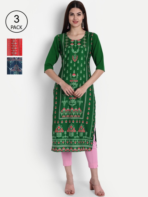 

1 Stop Fashion Women Pack of 3 Green & Red Ethnic Motifs Printed Crepe Kurta