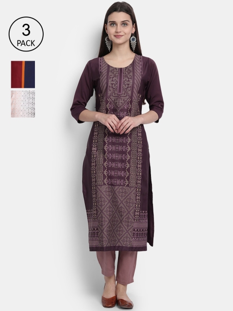 

1 Stop Fashion Women Pack of 3 Digital Printed Straight Kurtas, Purple