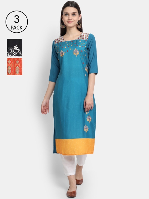 

1 Stop Fashion Women Pack Of 3 Printed Crepe Kurta, Blue