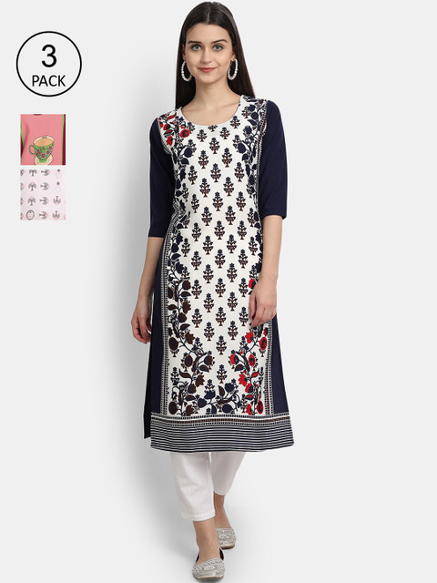 

1 Stop Fashion Pack of 3 Women Printed Crepe Kurta, Multi