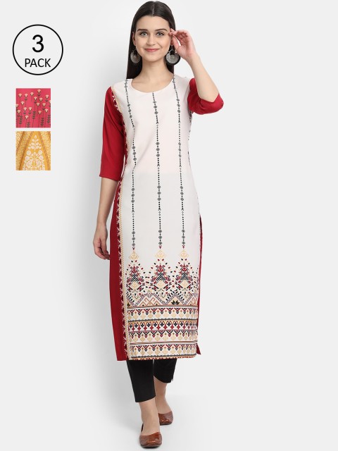 

1 Stop Fashion Women Pack of 3 Red & Yellow Geometric Printed Crepe Kurta