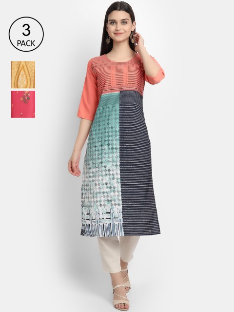 

1 Stop Fashion Women Pack Of 3 Multicoloured Geometric Printed Crepe Kurtas, Multi