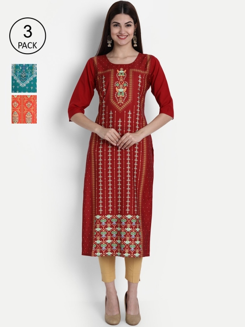 

1 Stop Fashion Woman Pack of 3 Multicoloured Ethnic Motifs Printed Crepe Kurta, Multi