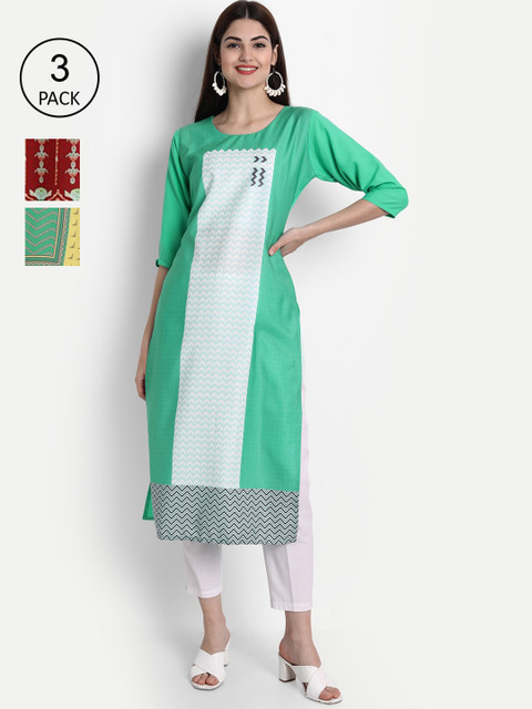 

1 Stop Fashion Women Yellow & Green Pack of 3 Printed Crepe Kurta