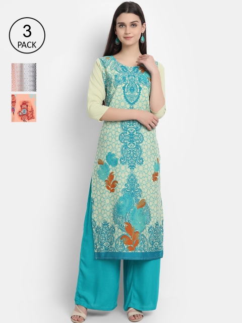 

1 Stop Fashion Women Pack Of 3 Abstract Printed Crepe Kurta, Green