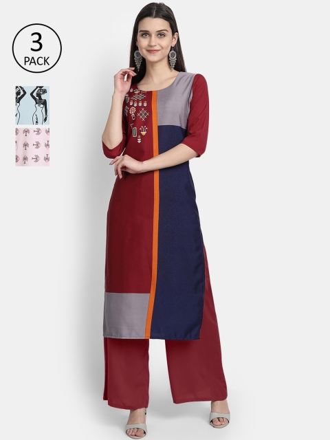 

1 Stop Fashion Women Set of 3 Printed Crepe Kurta, Multi