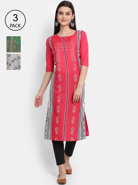 

1 Stop Fashion Women Pack of 3 Pink & Green Ethnic Motifs Printed Crepe Kurta