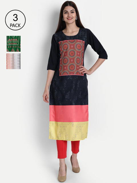 

1 Stop Fashion Women Pack Of 3 Multicoloured Geometric Printed Crepe Kurtas, Multi