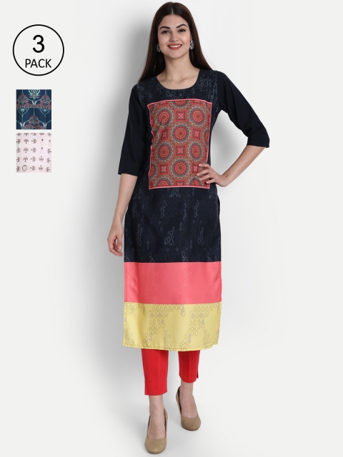 

1 Stop Fashion Women Pack Of 3 Digital Printed Crepe Kurta, Black