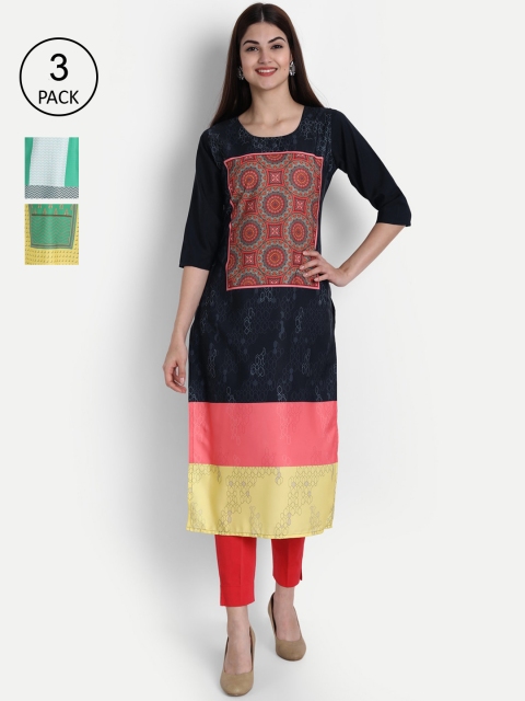 

1 Stop Fashion Women Pack of 3 Digital Printed Straight Kurtas, Navy blue