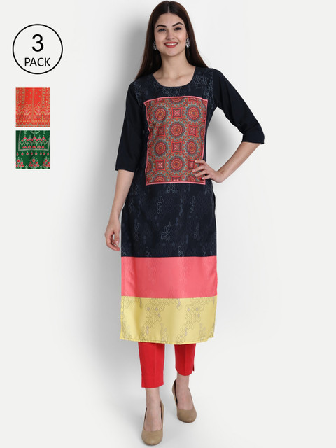 

1 Stop Fashion Women Pack Of 3 Green Orange & Blue Ethnic Motifs Printed Crepe Kurta