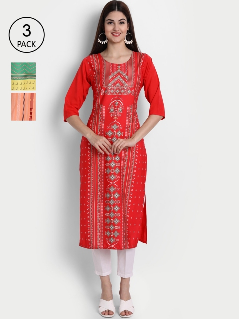 

1 Stop Fashion Woman Pack of 3 Multicoloured Ethnic Motifs Printed Crepe Kurta, Multi