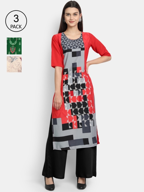 

1 Stop Fashion Women Black & Red Pack of 3 Printed Crepe Kurta