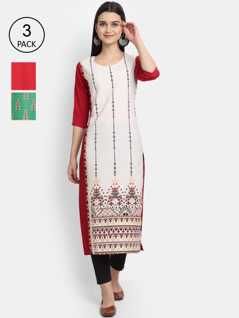 

1 Stop Fashion Women Red & Navy Blue Ethnic Motifs Colourblocked Crepe Kurta