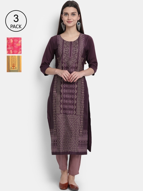 

1 Stop Fashion Women Set of 3 Printed Crepe Kurta, Multi