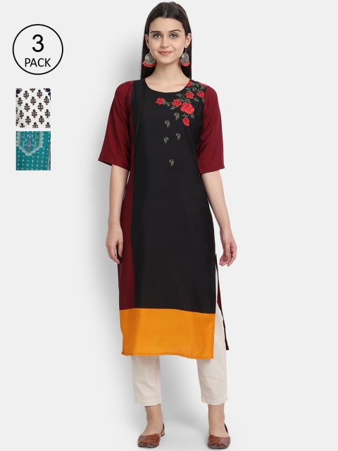 

1 Stop Fashion Pack of 3 Women Printed Crepe Kurta, Multi