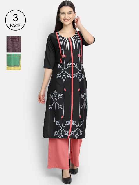 

1 Stop Fashion Women Pack of 3 Black & Green Ethnic Motifs Printed Crepe Kurta