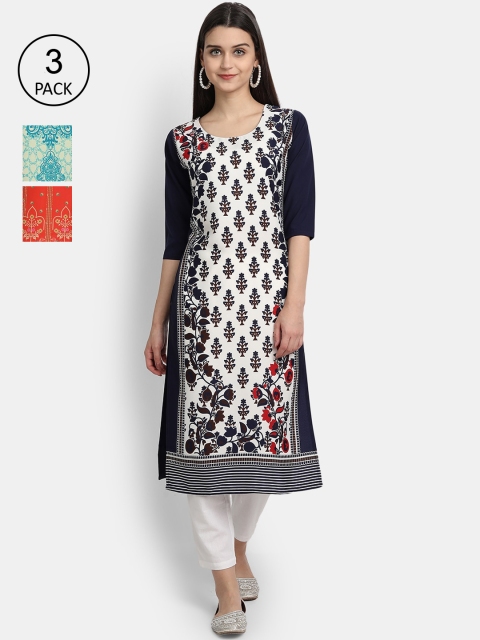 

1 Stop Fashion Women Pack of 3 Multicoloured Printed Crepe Straight Kurta, Multi
