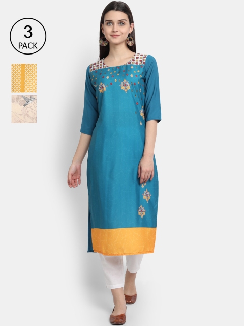 

1 Stop Fashion Women Pack Of 3 Floral Printed Crepe Kurta, Blue