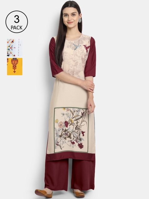 

1 Stop Fashion Pack of 3 Women Printed Crepe Kurta, Multi