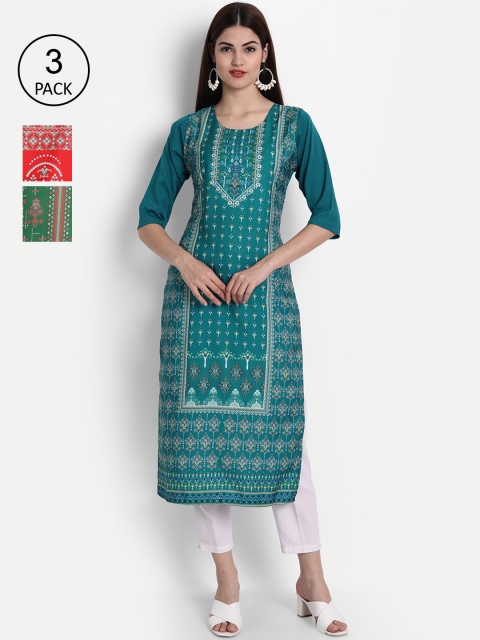 

1 Stop Fashion Women Pack of 3 Printed Kurtas, Teal