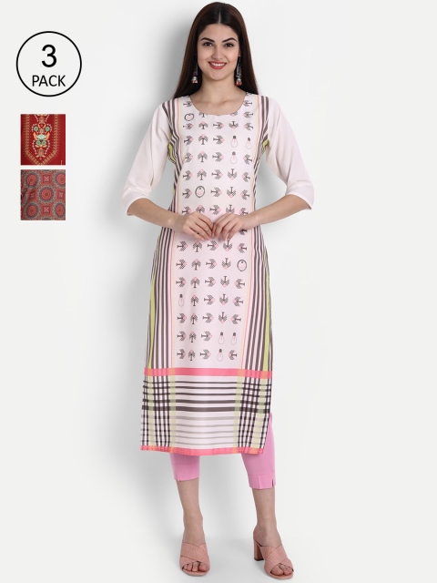 

1 Stop Fashion Women Pack of 3 White & Red Ethnic Motifs Printed Crepe Kurta