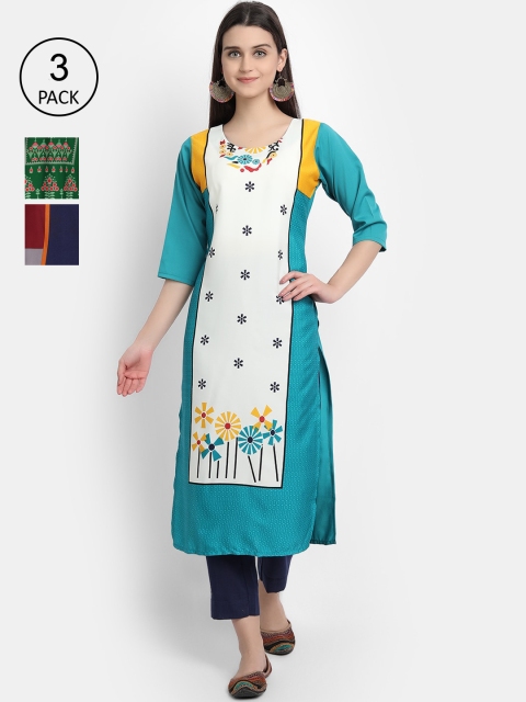 

1 Stop Fashion Women Pack Of 3 Multicoloured Geometric Printed Crepe Kurtas, Multi