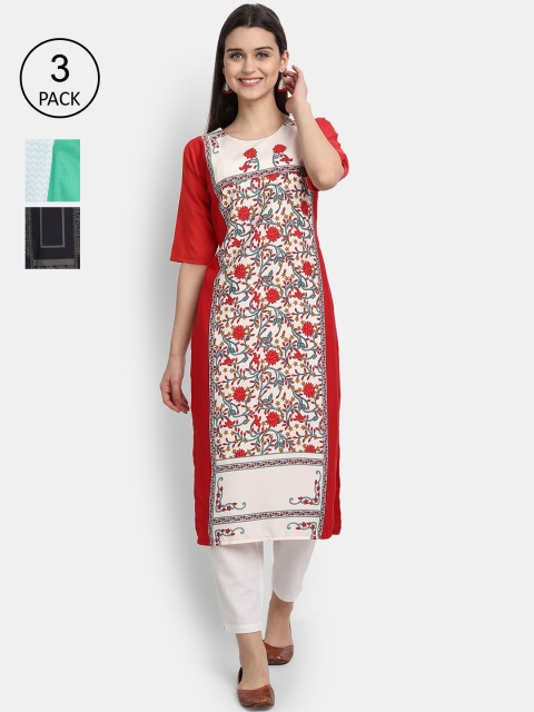 

1 Stop Fashion Women Pack of 3 Multicoloured Printed Crepe Straight Kurta, Multi