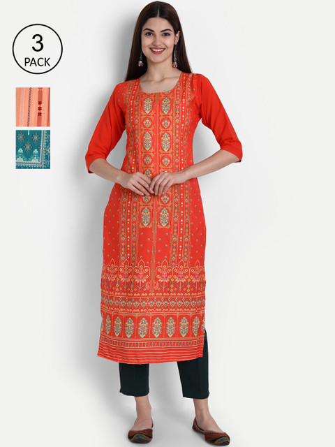 

1 Stop Fashion Woman Pack of 3 Multicoloured Printed Crepe Kurta, Multi