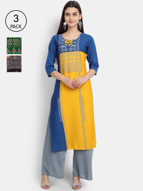 

1 Stop Fashion Women Yellow & Blue Pack of 3 Printed Crepe Kurta