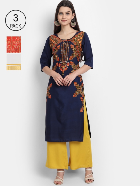 

1 Stop Fashion Women Pack Of 3 Ethnic Motifs Printed Crepe Kurta, Navy blue