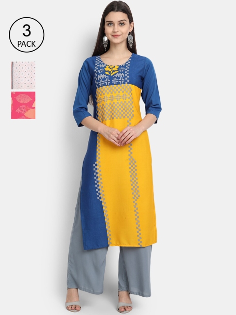 

1 Stop Fashion Women Pack Of 3 Printed Crepe Kurta, Blue