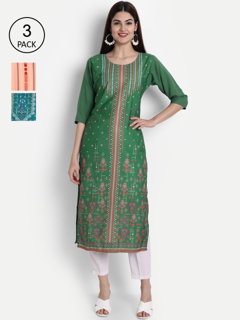 

1 Stop Fashion Women Set of 3 Printed Crepe Kurta, Multi
