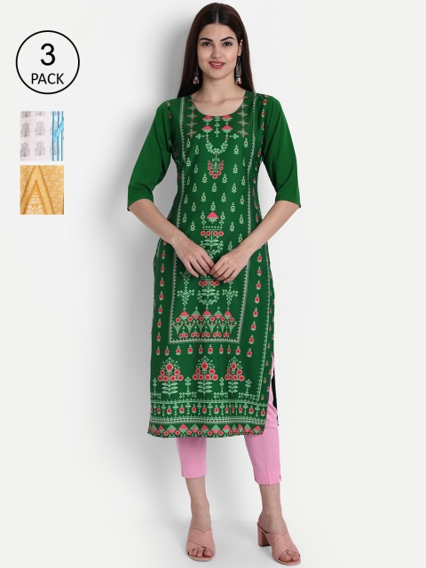 

1 Stop Fashion Pack of 3 Women Printed Crepe Kurta, Multi