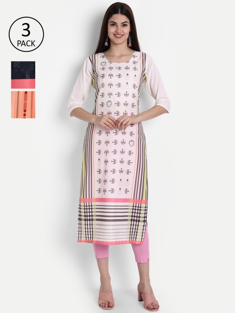 

1 Stop Fashion Women Pack of 3 Off White & Black Ethnic Motifs Printed Crepe Kurta